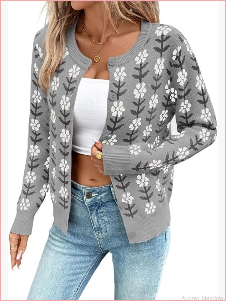 Button Down Cropped Cardigan Sweater Long Sleeve Floral Knit Coat